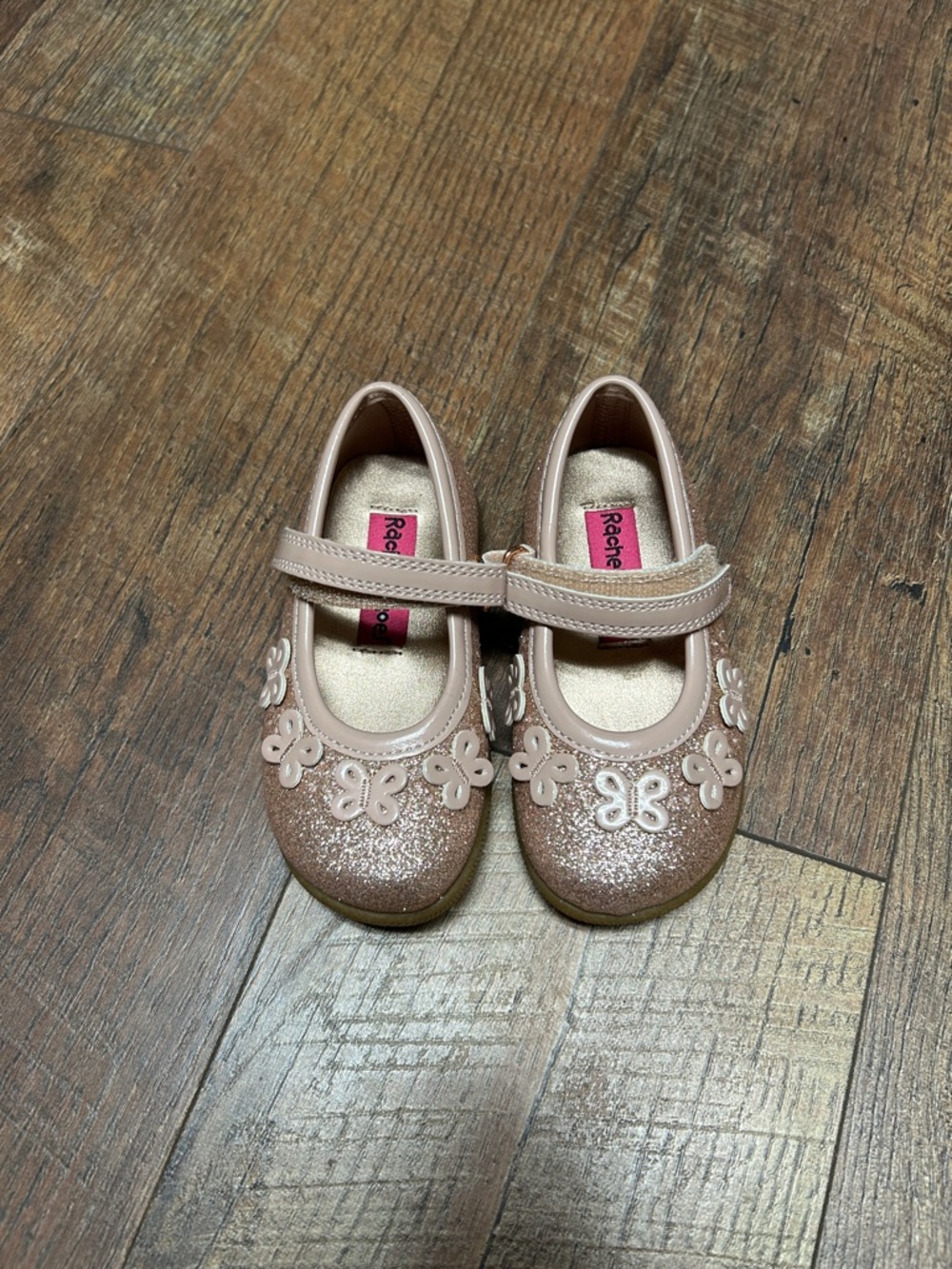 Rachel Rose Gold Glitter Mary Jane Shoes with Floral Appliqués